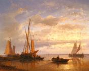 Dutch Fishing Vessels In A Calm At Sunset - 亚伯拉罕·胡克·二世